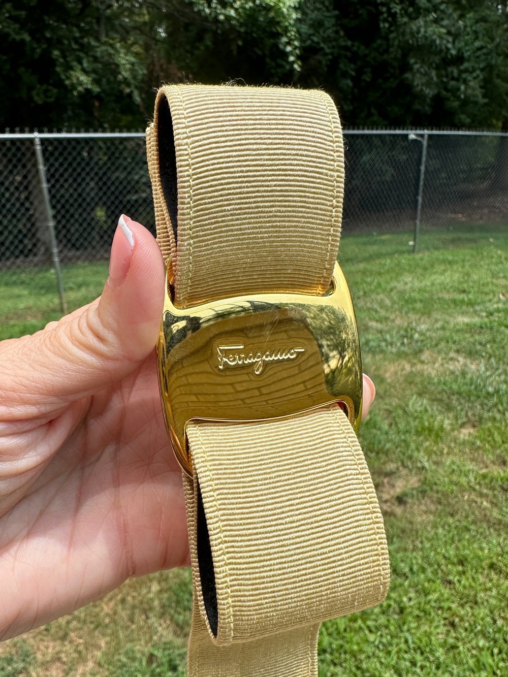 Vintage Salvatore Ferragamo Made in Italy Grosgrain Waist Belt Gold Logo Buckle